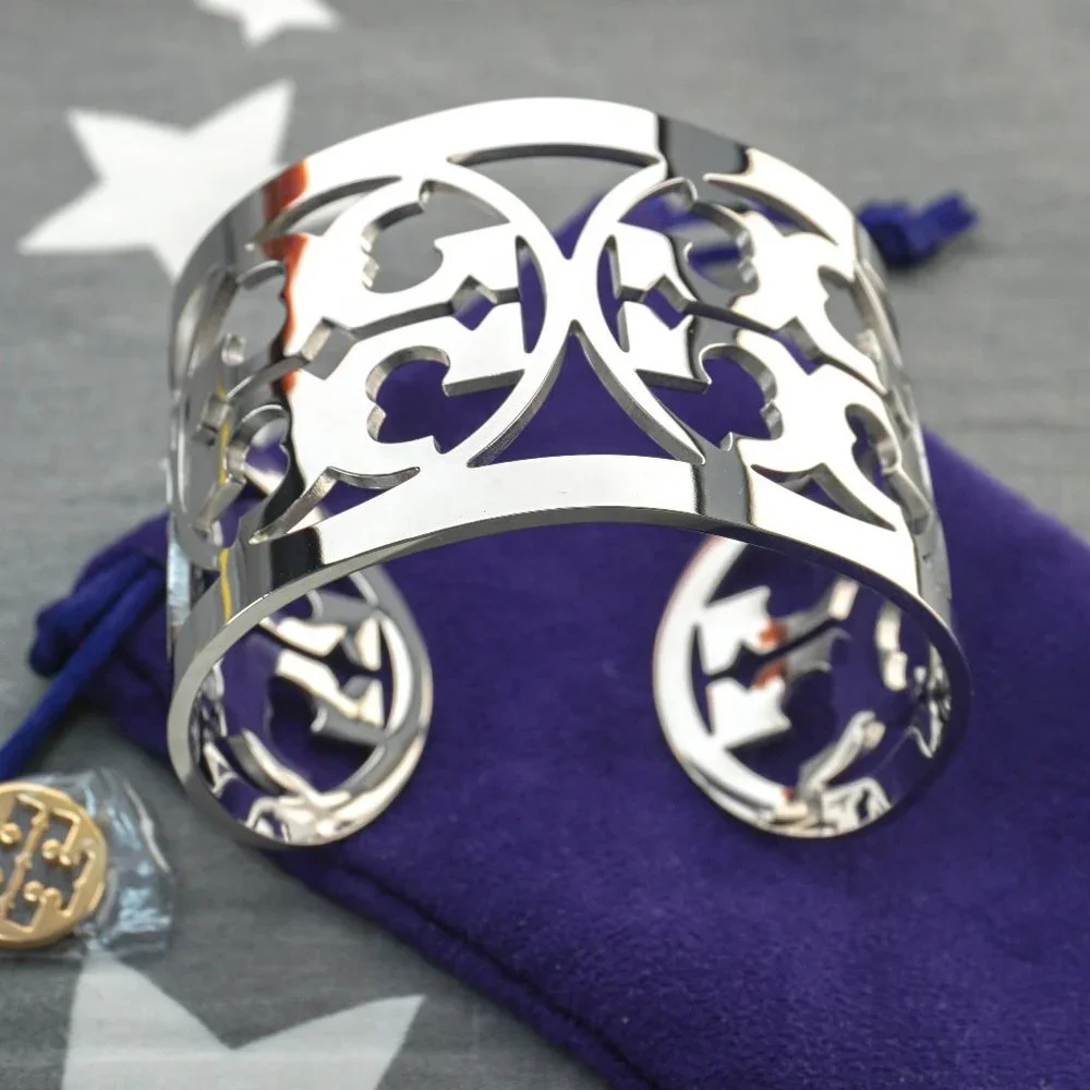 Tory Burch Reva Cut Out Logo Cuff Bracelet in Silver (Brand New with Dust Bag) - Picture 3 of 7